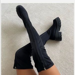 Simmi London Flex Black Lycra Zip Chunky Thigh High Boots